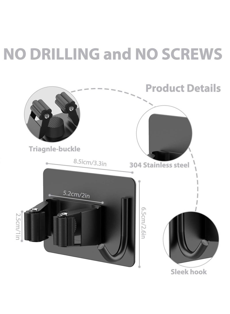 Mop Broom Holder, No Drilling Self-Adhesive Wall Mounted Storage Rack with Hook, Stainless Steel Multifunctional Hook for Bathroom Kitchen Garage Garden Tool Storage Black, 4 Pcs - Image 5