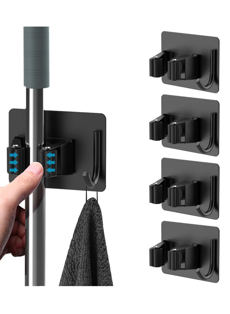 Mop Broom Holder, No Drilling Self-Adhesive Wall Mounted Storage Rack with Hook, Stainless Steel Multifunctional Hook for Bathroom Kitchen Garage Garden Tool Storage Black, 4 Pcs - Image 1