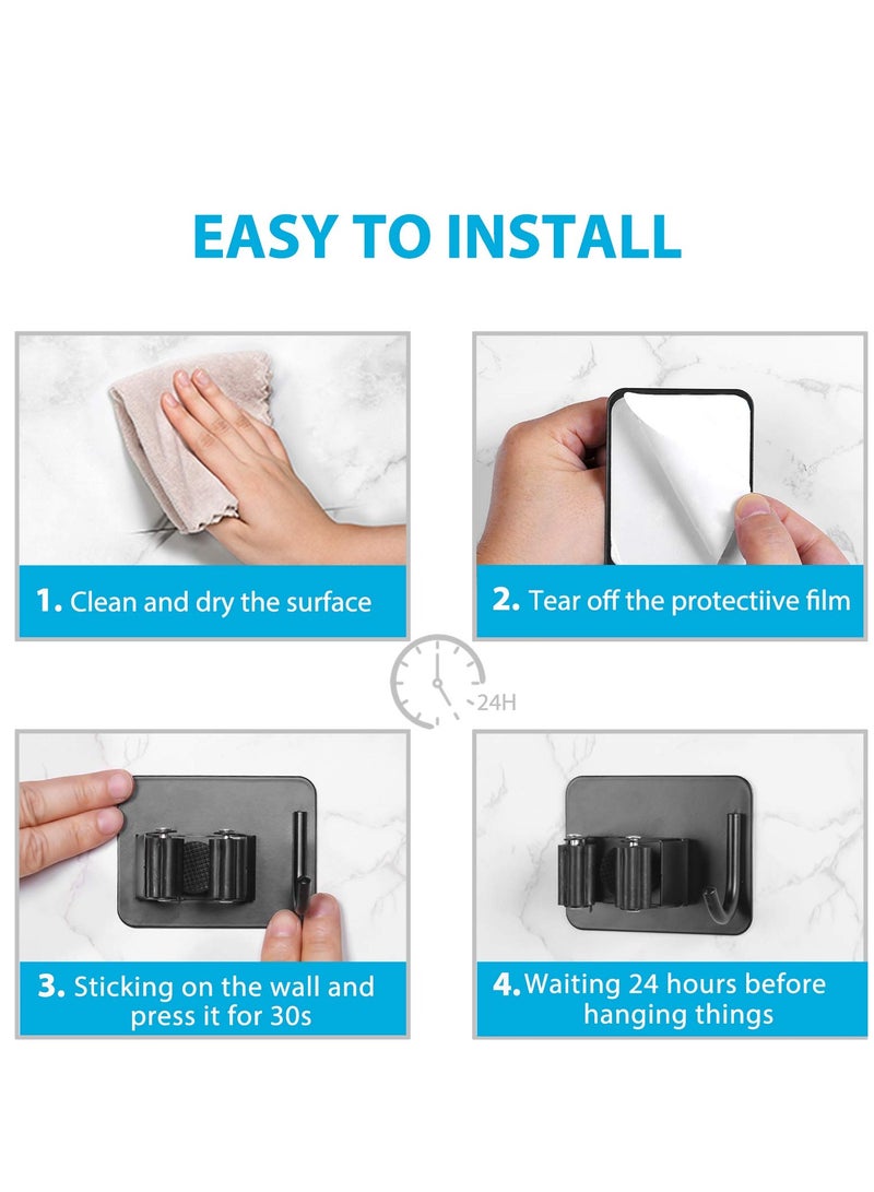 Mop Broom Holder, No Drilling Self-Adhesive Wall Mounted Storage Rack with Hook, Stainless Steel Multifunctional Hook for Bathroom Kitchen Garage Garden Tool Storage Black, 4 Pcs - Image 4