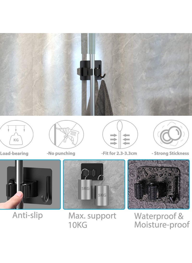 Mop Broom Holder, No Drilling Self-Adhesive Wall Mounted Storage Rack with Hook, Stainless Steel Multifunctional Hook for Bathroom Kitchen Garage Garden Tool Storage Black, 4 Pcs - Image 2