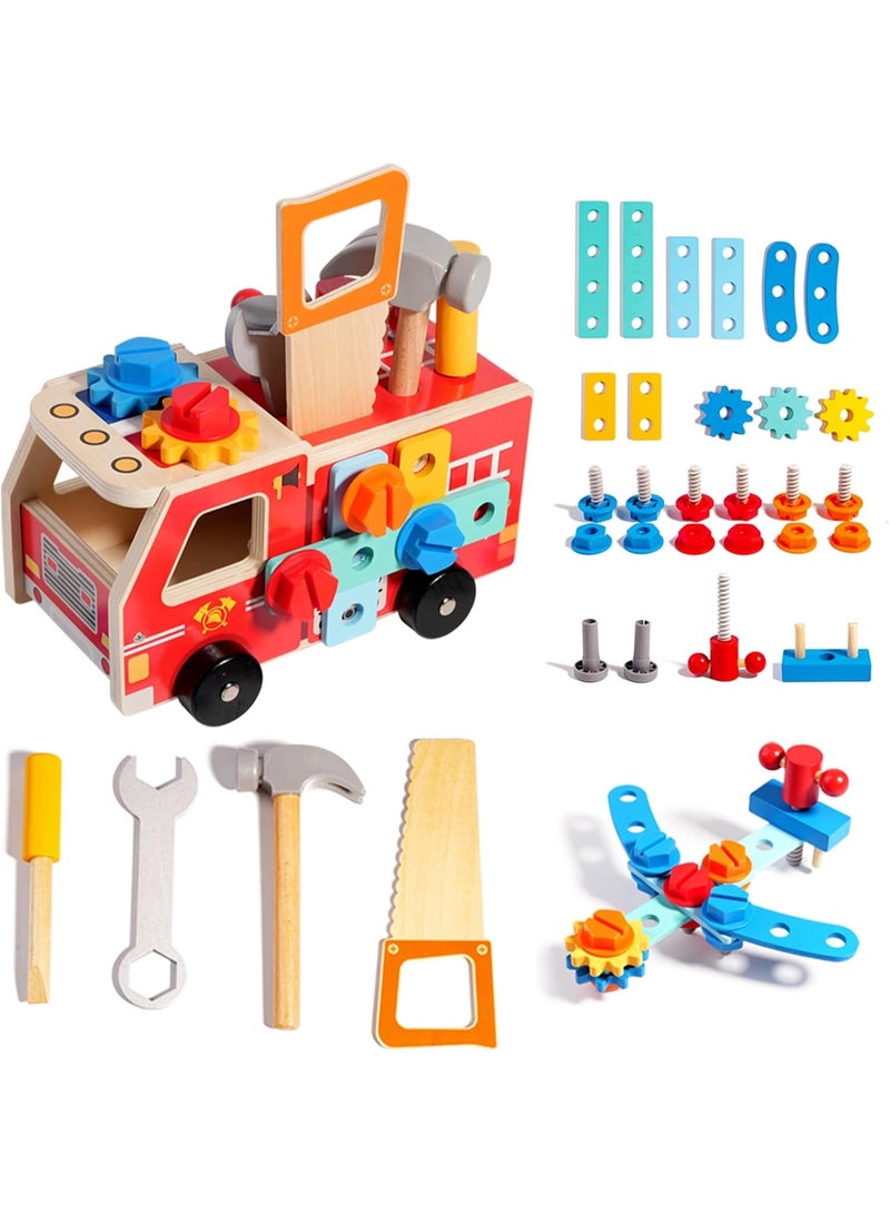 34PCS Kids Wooden Truck Tool Set for Toddlers Age 3 4 5, Pretend Play Construction Toy with Toolbox, Hammer, Saw, Screws, STEM Learning Building Toy Gift for Boys Girls with 1 Bag - Image 1