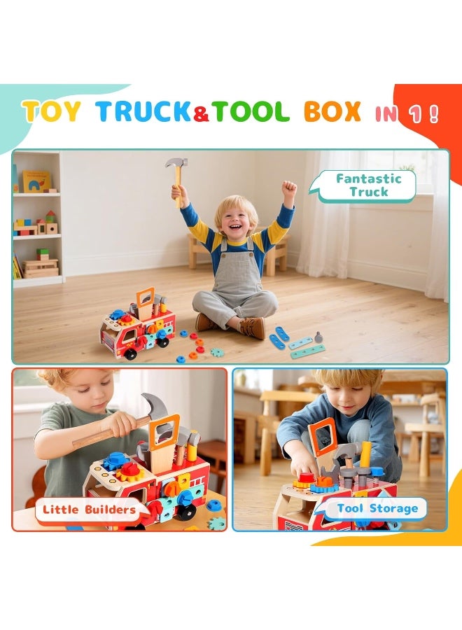 34PCS Kids Wooden Truck Tool Set for Toddlers Age 3 4 5, Pretend Play Construction Toy with Toolbox, Hammer, Saw, Screws, STEM Learning Building Toy Gift for Boys Girls with 1 Bag - Image 2