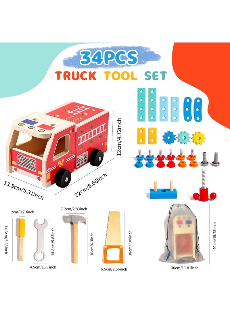 34PCS Kids Wooden Truck Tool Set for Toddlers Age 3 4 5, Pretend Play Construction Toy with Toolbox, Hammer, Saw, Screws, STEM Learning Building Toy Gift for Boys Girls with 1 Bag - Image 4