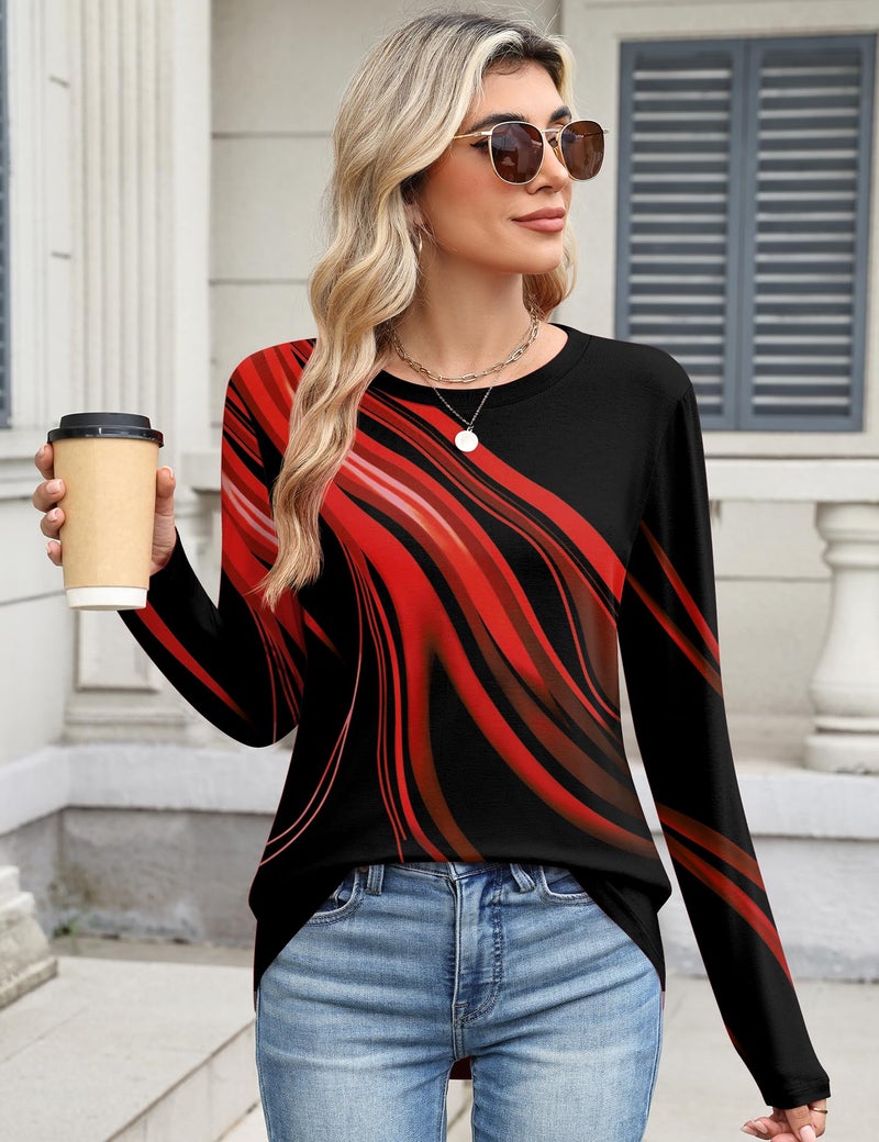 TCOT Women Tops and Blouses Spring Long Sleeve Crew Neck Business Casual Blouse Red Black Pattern Pullover Shirts M - Image 2