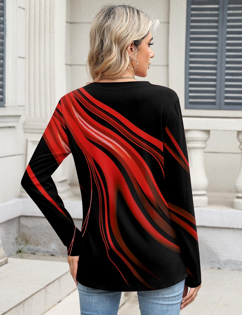 TCOT Women Tops and Blouses Spring Long Sleeve Crew Neck Business Casual Blouse Red Black Pattern Pullover Shirts M - Image 3