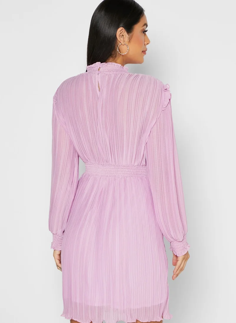 ELLA Shirred Ruffle Trim Midi Dress