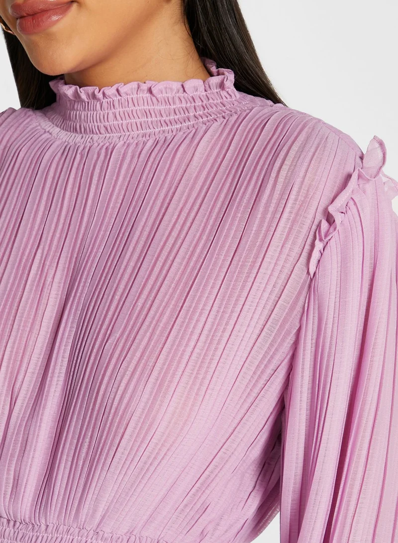 ELLA Shirred Ruffle Trim Midi Dress