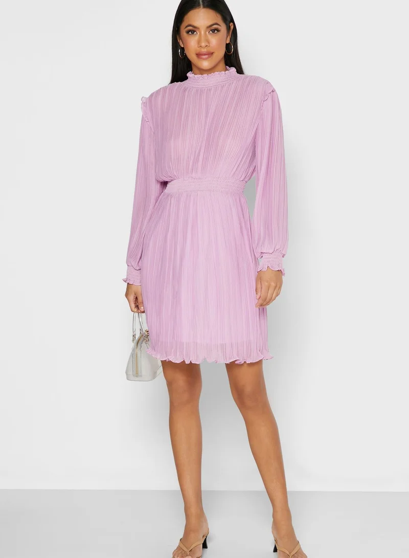 ELLA Shirred Ruffle Trim Midi Dress
