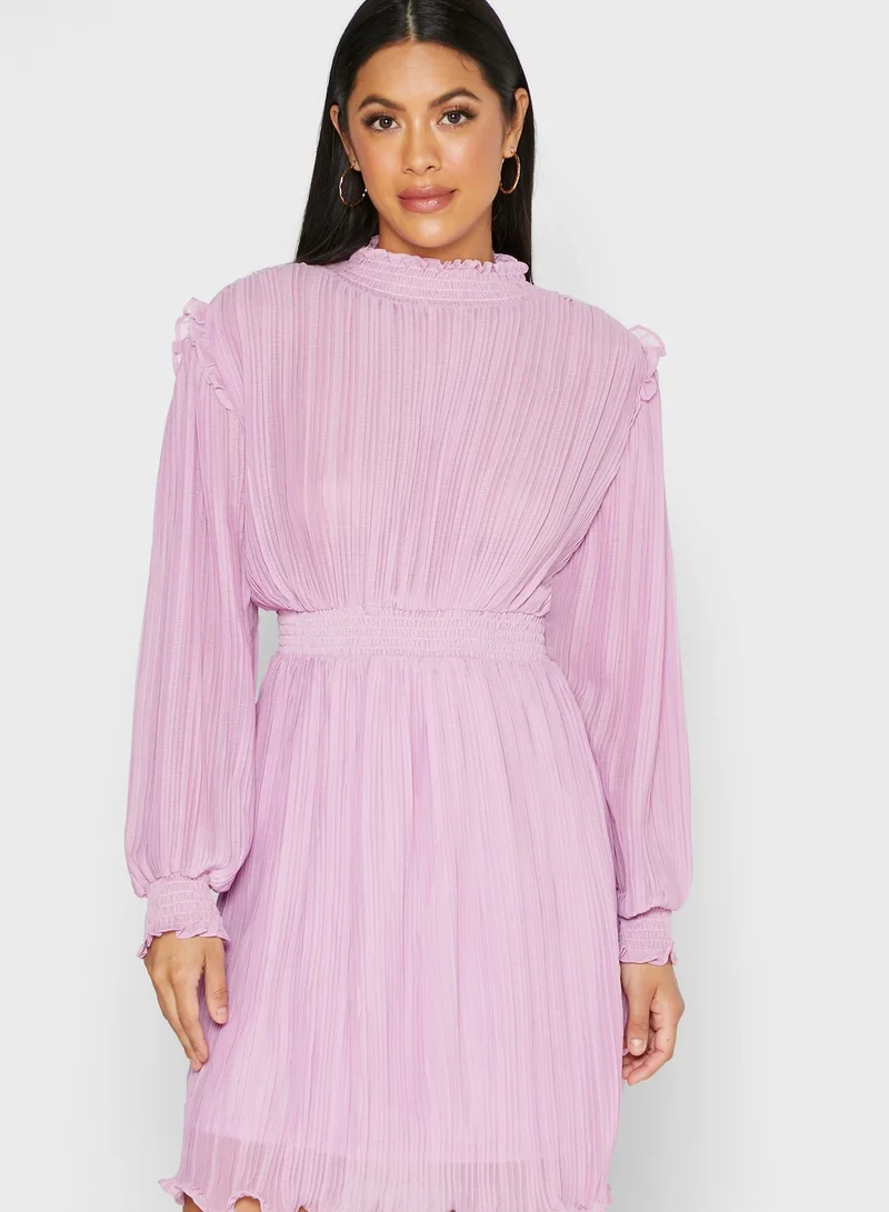 ELLA Shirred Ruffle Trim Midi Dress