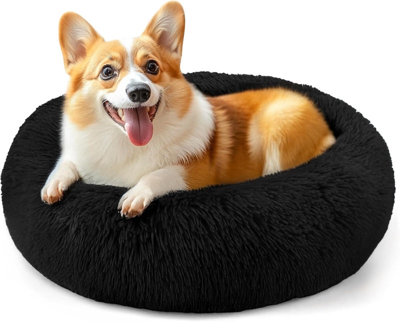 Hoewina 28in Large Dog Bed, Medium Size Dog and Cats, Calming Donut Bed for Puppy and Kitten, Washable Round Fluffy Pet Bed (Black) - Image 1
