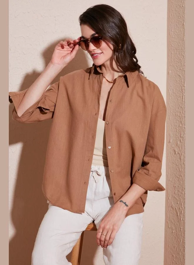 ليلا قميص نسائي قطني عادي بأكمام طويلة سادة