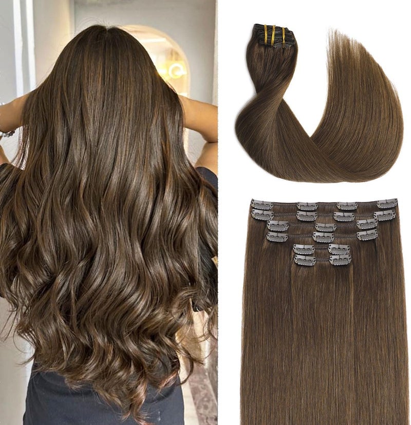 Sindra Hair Extensions Clip in100g 6pcs 16 Inch Medium Brown Natual Straight Human Hair Clip in Extensions for Women 416