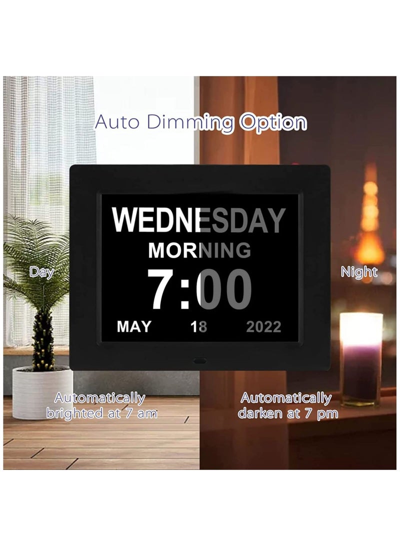 8 Inch Memory Loss Dementia Clock, 12 Alarm Options Clock Level 1-5 Dimming Calendar Digital Day Easy to Use for Elderly with Loss, Impaired Vision