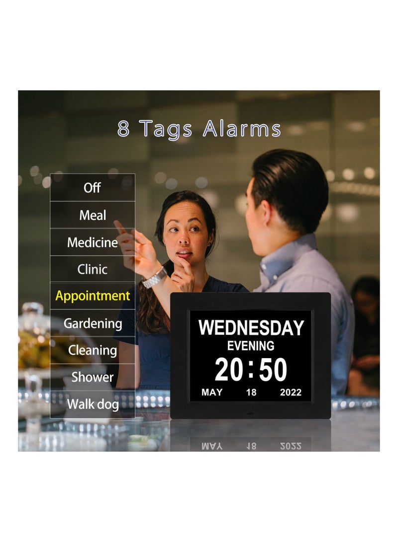 8 Inch Memory Loss Dementia Clock, 12 Alarm Options Clock Level 1-5 Dimming Calendar Digital Day Easy to Use for Elderly with Loss, Impaired Vision
