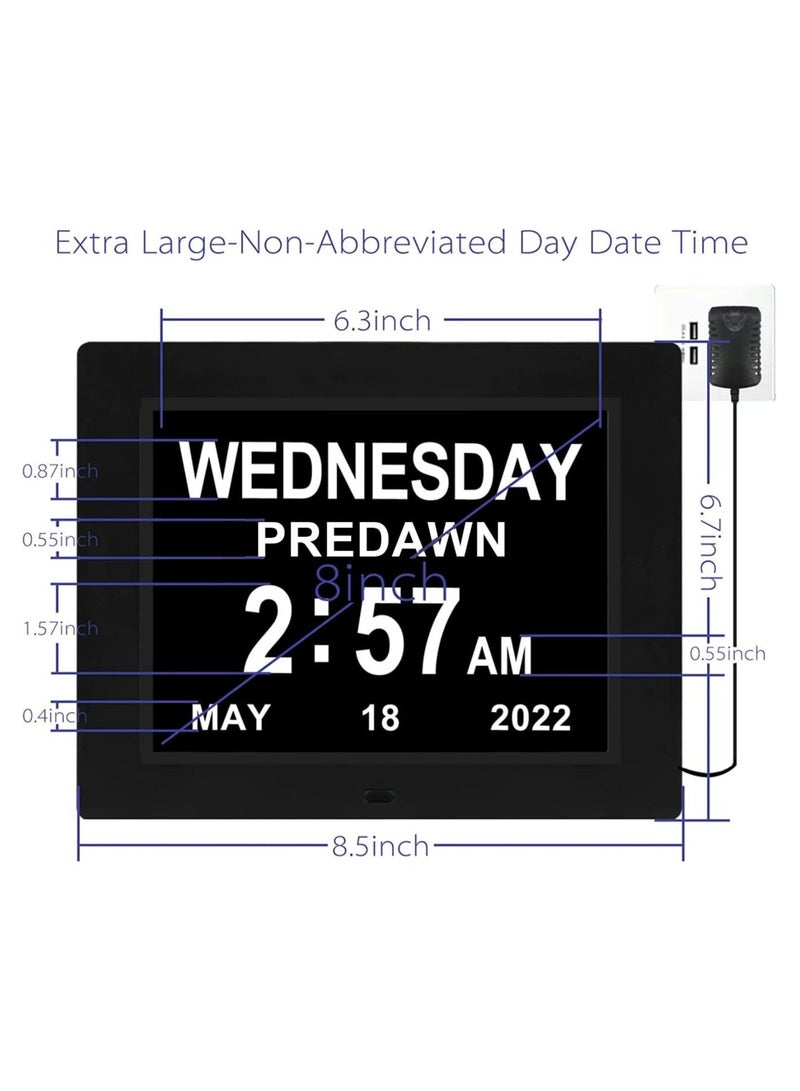 8 Inch Memory Loss Dementia Clock, 12 Alarm Options Clock Level 1-5 Dimming Calendar Digital Day Easy to Use for Elderly with Loss, Impaired Vision