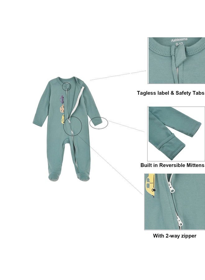Aablexema Baby Footie Pajamas with Mitten Cuffs, Double Zipper Infant Cotton Onesie Sleeper Pjs, Newborn Footed Sleep Play, Car Style(zipper), 9-12 Months - Image 2
