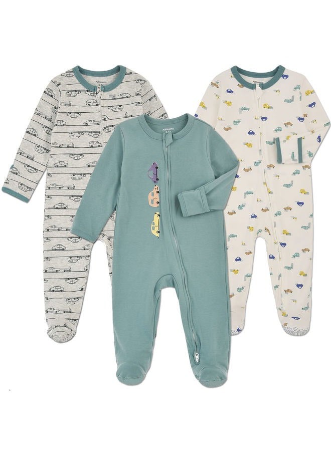 Aablexema Baby Footie Pajamas with Mitten Cuffs, Double Zipper Infant Cotton Onesie Sleeper Pjs, Newborn Footed Sleep Play, Car Style(zipper), 9-12 Months - Image 1