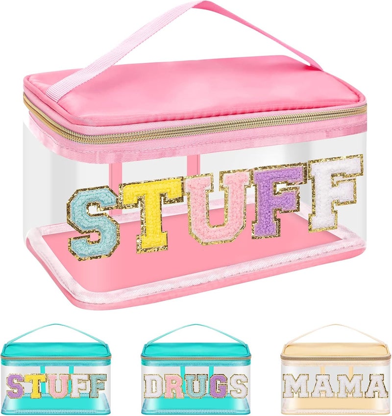 Iqimott حقيبة مكياج شفافة للنساء من إكيموت للسفر، حقيبة تخزين تواليت من النايلون وPVC مع حروف لامعة، حقيبة تنظيم شفافة مقاومة للماء مع سحاب ومقبض (ستاف، وردي)