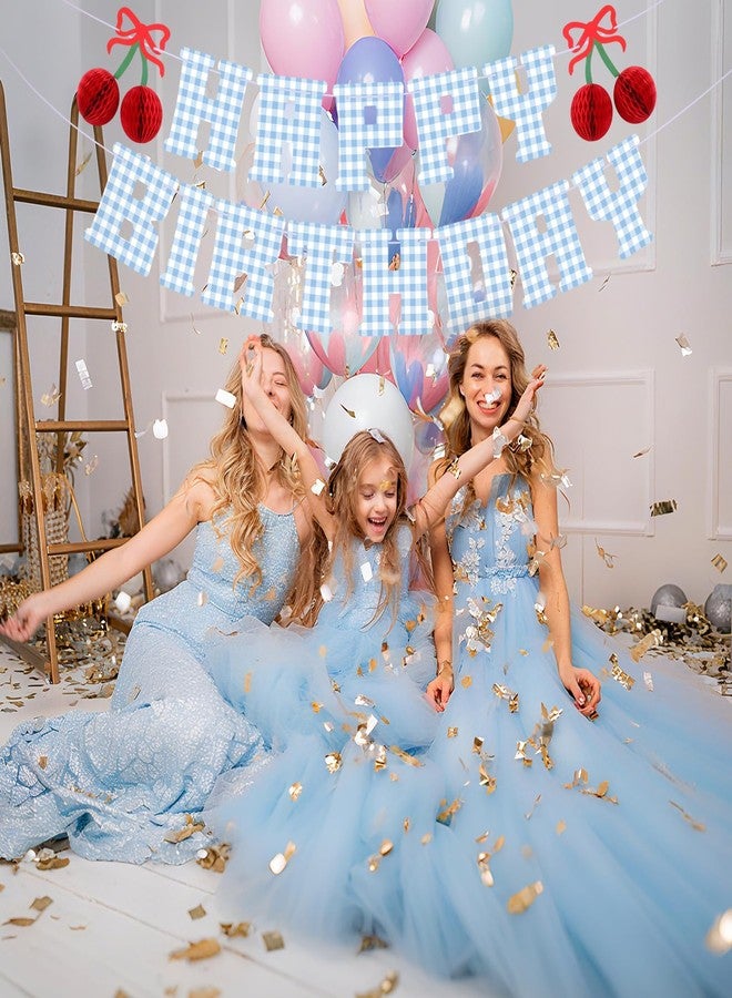 Oudain 7.2 ft Happy Birthday Cherry Banner Blue Gingham Cherry Birthday Party Decorations 3D Colorful Hanging Garland Decor for Themed Decorations Bday Party Supplies Photoshoot Backdrop - Image 5