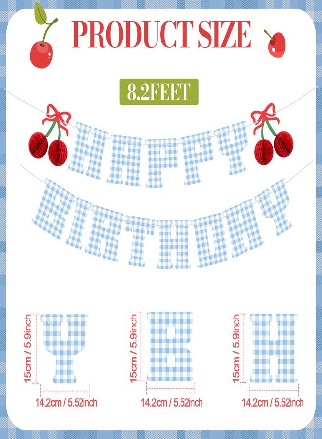 Oudain 7.2 ft Happy Birthday Cherry Banner Blue Gingham Cherry Birthday Party Decorations 3D Colorful Hanging Garland Decor for Themed Decorations Bday Party Supplies Photoshoot Backdrop - Image 2