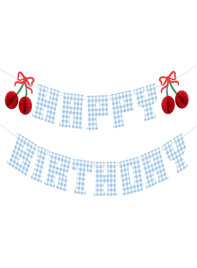 Oudain 7.2 ft Happy Birthday Cherry Banner Blue Gingham Cherry Birthday Party Decorations 3D Colorful Hanging Garland Decor for Themed Decorations Bday Party Supplies Photoshoot Backdrop - Image 1