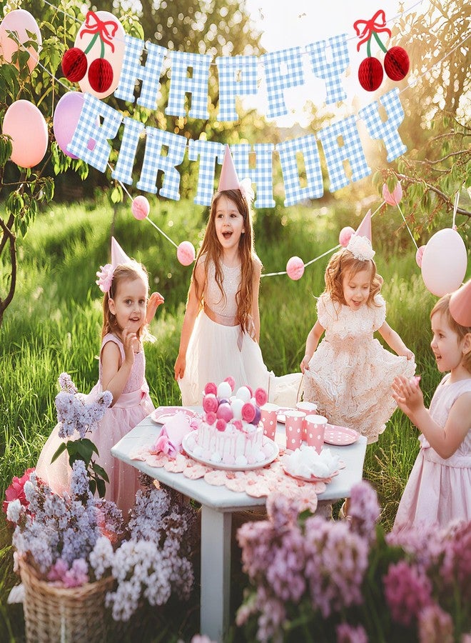 Oudain 7.2 ft Happy Birthday Cherry Banner Blue Gingham Cherry Birthday Party Decorations 3D Colorful Hanging Garland Decor for Themed Decorations Bday Party Supplies Photoshoot Backdrop - Image 4