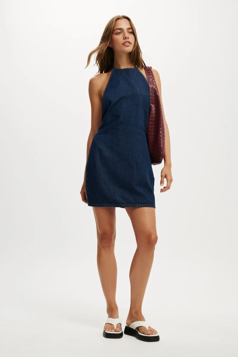 Cotton On HALTER DENIM MINI DRESS