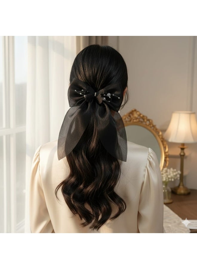 Large organza bow hair clip – suitable for girls and women – in black – a stylish accessory for school and outings - Image 1