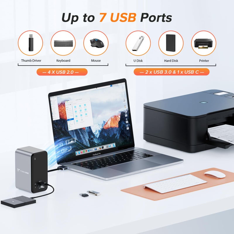 TOBENONE محطة إرساء USB C لشاشتين مزدوجتين لجهاز MacBook Pro، 13 في 2 مركز USB-C ثلاثي العرض، محطة Type C مع 2 HDMI 4K، VGA، PD3.0، 7 USB، RJ45، صوت 3.5 مم - Image 4