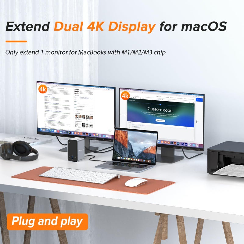 TOBENONE محطة إرساء USB C لشاشتين مزدوجتين لجهاز MacBook Pro، 13 في 2 مركز USB-C ثلاثي العرض، محطة Type C مع 2 HDMI 4K، VGA، PD3.0، 7 USB، RJ45، صوت 3.5 مم - Image 3