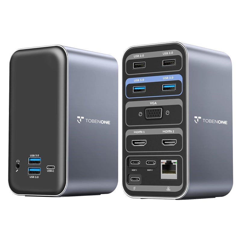 TOBENONE محطة إرساء USB C لشاشتين مزدوجتين لجهاز MacBook Pro، 13 في 2 مركز USB-C ثلاثي العرض، محطة Type C مع 2 HDMI 4K، VGA، PD3.0، 7 USB، RJ45، صوت 3.5 مم - Image 1