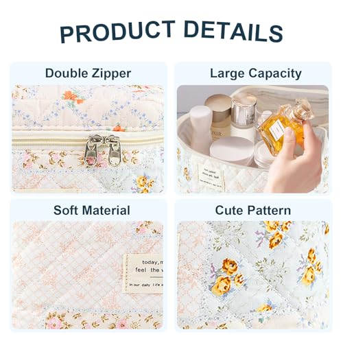 GISMTR Makeup Bag Floral Quilted Cosmetic Bag Large Travel Aesthetic Make up Bag Cute Coquette Toiletry Bag for Women Girls - Image 3