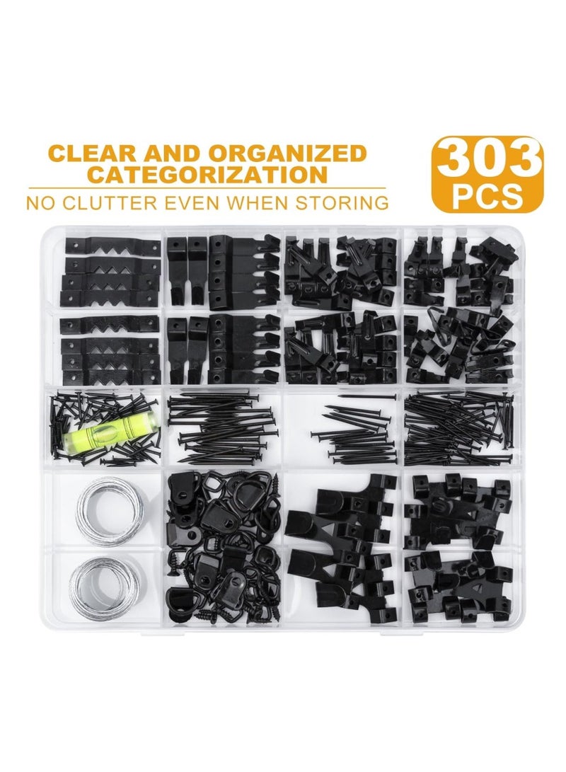 ZFHDBM 303Pcs Picture Hanging Kit, Picture Hangers Assorted Kit with Heavy Duty Picture Hanging Hooks/Hardware Nails/Sawtooth/Wire/D Rings/Level, Metal Picture Wall Hooks for Frame Canvas Mounting - Image 1
