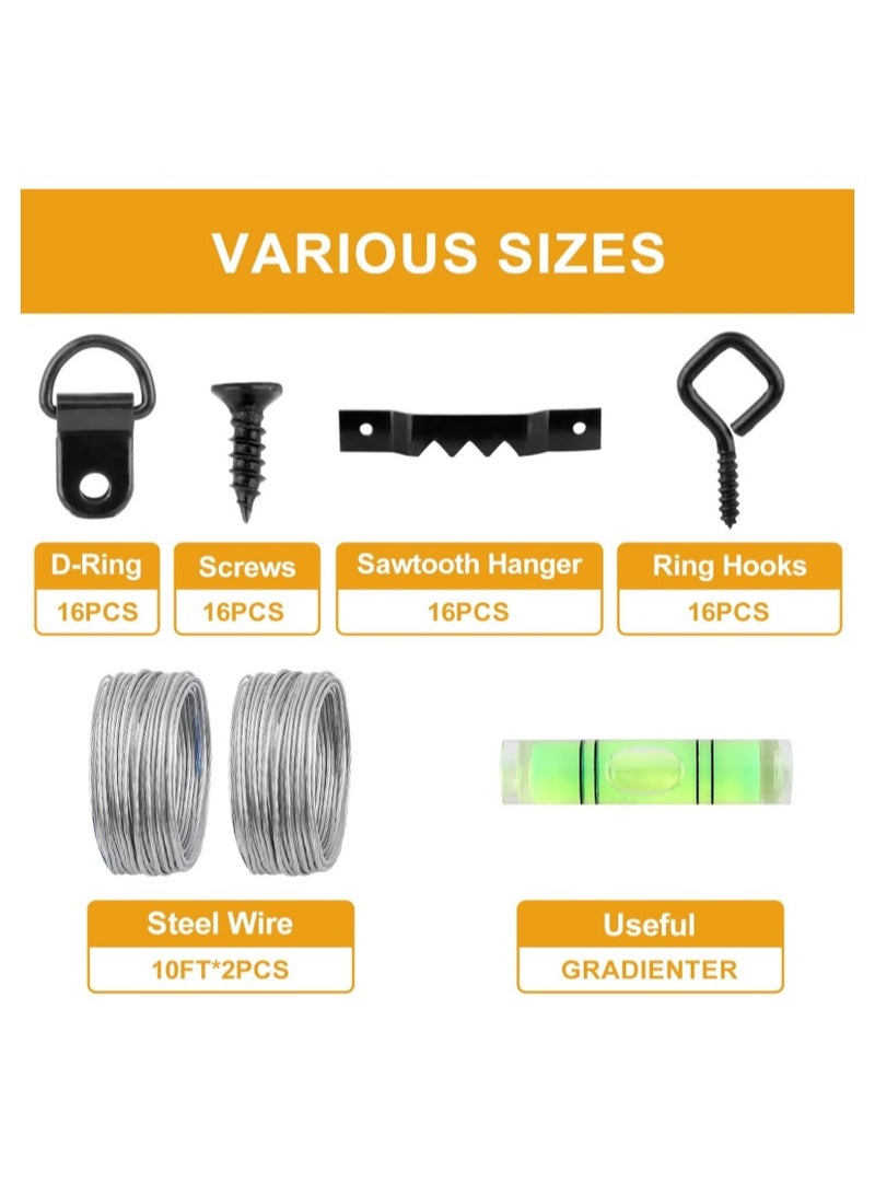 ZFHDBM 303Pcs Picture Hanging Kit, Picture Hangers Assorted Kit with Heavy Duty Picture Hanging Hooks/Hardware Nails/Sawtooth/Wire/D Rings/Level, Metal Picture Wall Hooks for Frame Canvas Mounting - Image 3