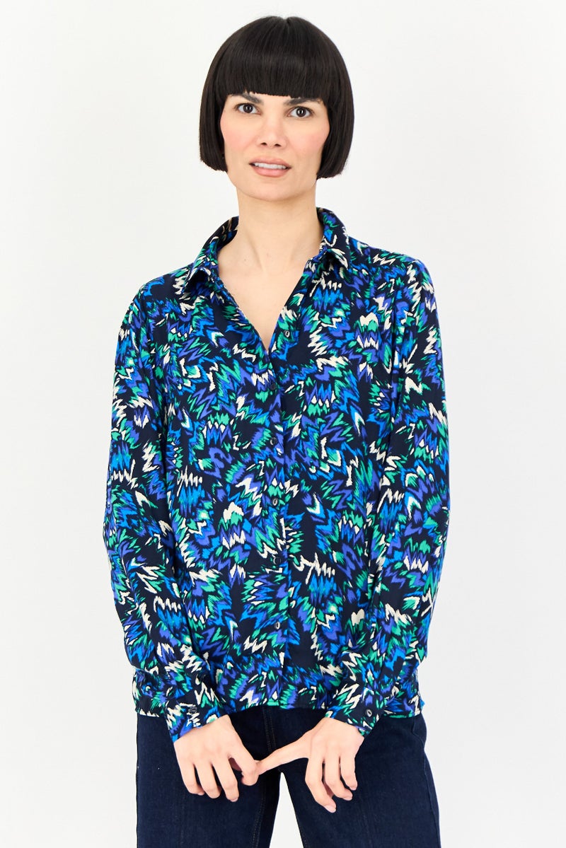 promod Women Spread Collar Allover Print Long Sleeve Shirt, Multicolor - Image 1