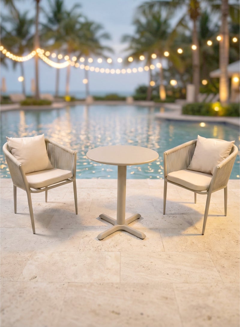 SUNRISE 3 Pcs Outdoor Dining Set, Rust-Resistant Aluminium Frame, Water-Repellent Cushions, Carbon Steel Table with Cast-Iron Cross Base, Champagne, Balcony Patio Terrace - Image 1