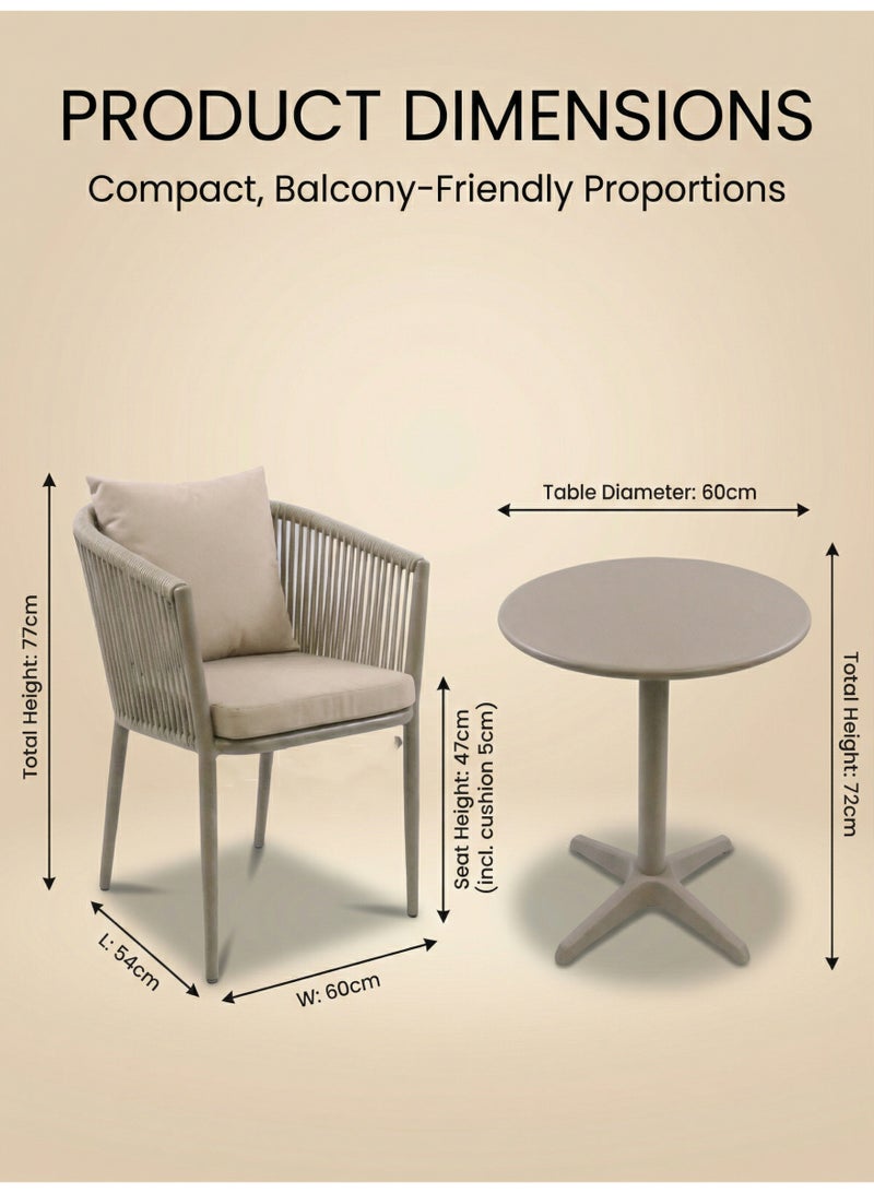 SUNRISE 3 Pcs Outdoor Dining Set, Rust-Resistant Aluminium Frame, Water-Repellent Cushions, Carbon Steel Table with Cast-Iron Cross Base, Champagne, Balcony Patio Terrace - Image 5