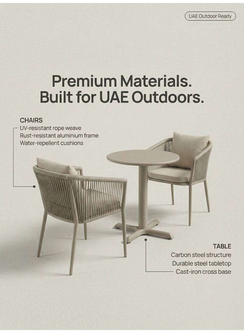 SUNRISE 3 Pcs Outdoor Dining Set, Rust-Resistant Aluminium Frame, Water-Repellent Cushions, Carbon Steel Table with Cast-Iron Cross Base, Champagne, Balcony Patio Terrace - Image 2