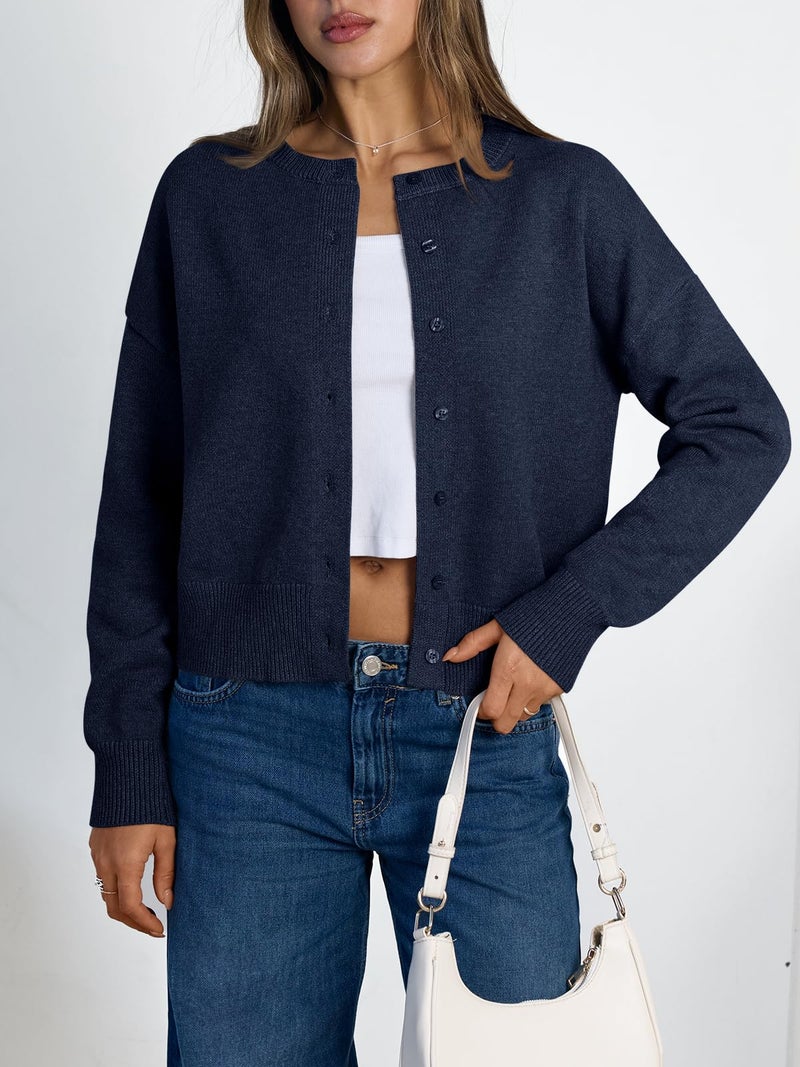 LILLUSORY Womens Cropped Cardigan Sweaters Lightweight Crop Knit Y2k Outfits Fashion Button Up Clothes Navy M - Image 2