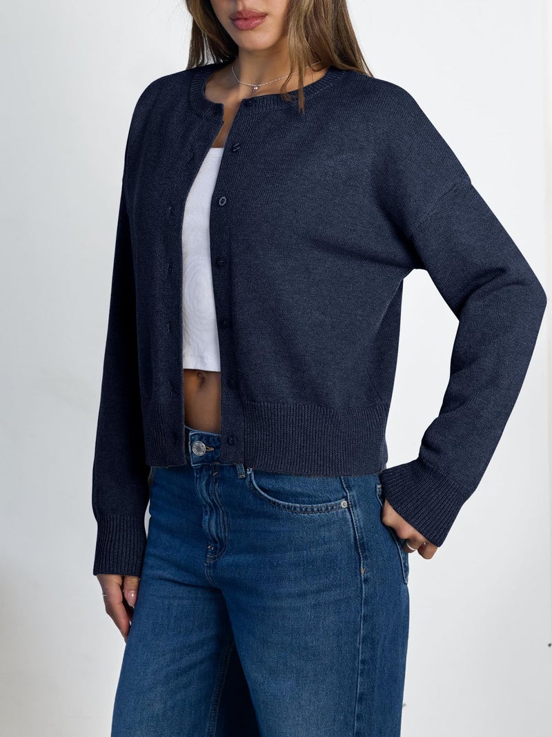 LILLUSORY Womens Cropped Cardigan Sweaters Lightweight Crop Knit Y2k Outfits Fashion Button Up Clothes Navy M - Image 3