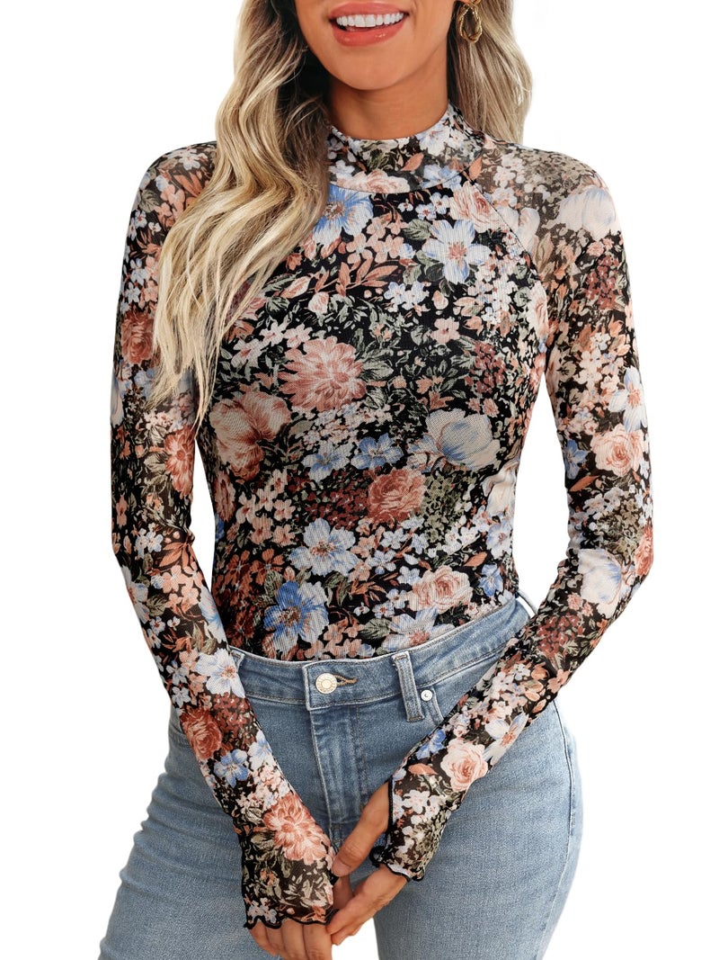 Dealmore Lace Sheer Long Sleeve Floral Mesh Mockneck Trendy Cute Going Out Tops for Women Fall Fashion Outfits 2025 Clothes Floral Fierce M - Image 1