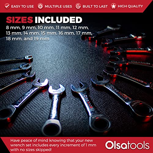 Olsa Tools 12pc Metric Ratchet Wrench Set, 120 Tooth, Stubby, Chrome Vanadium Steel - Image 2