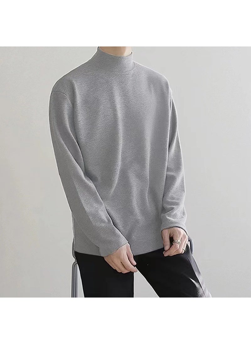 Generic - Autumn/Winter Thickened Inner Fleece-Lined Warm Bras Mens Base Layer Top Half Polo/Turtle Neck Solid Color Long Sleeve T-Shirt 014 light gray - Image 1