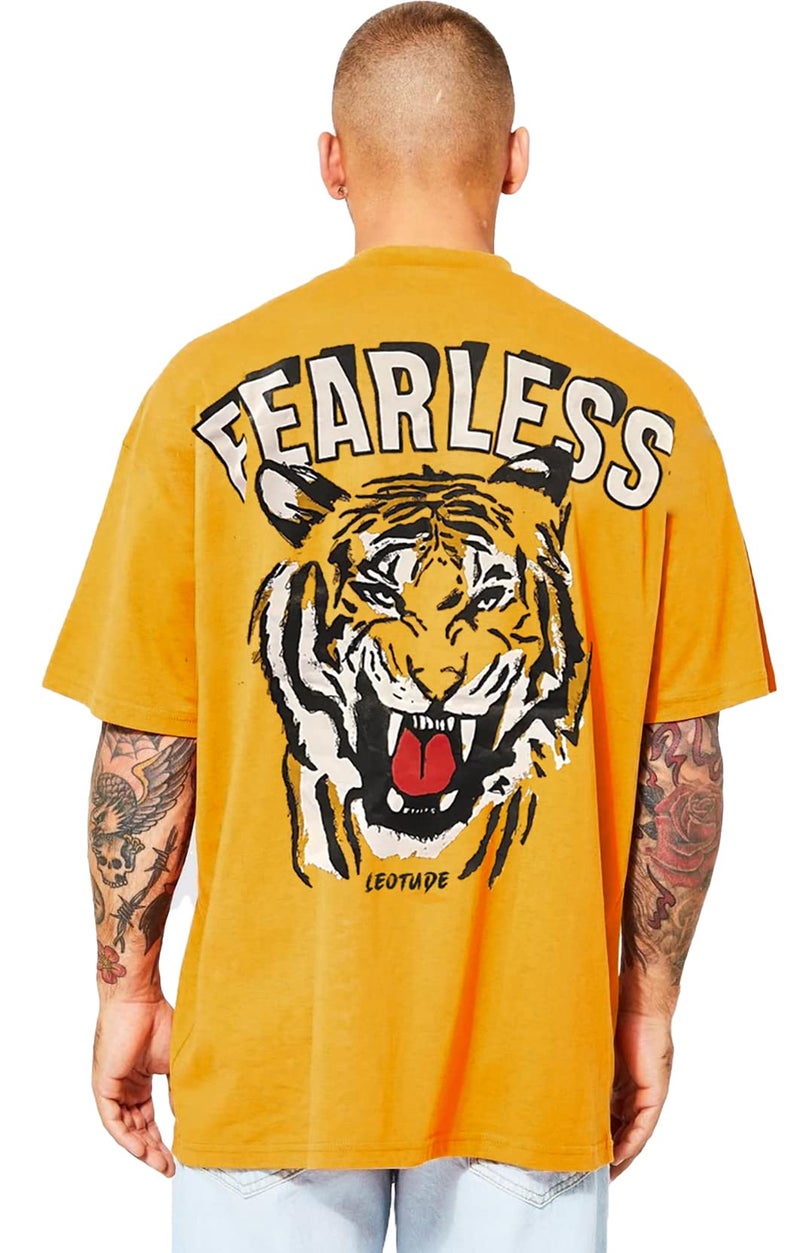 LEOTUDE Cotton Blend Half Sleeve Back Print Oversized T-Shirts for Men (Color: Mustard, Size: XXL) - Image 1