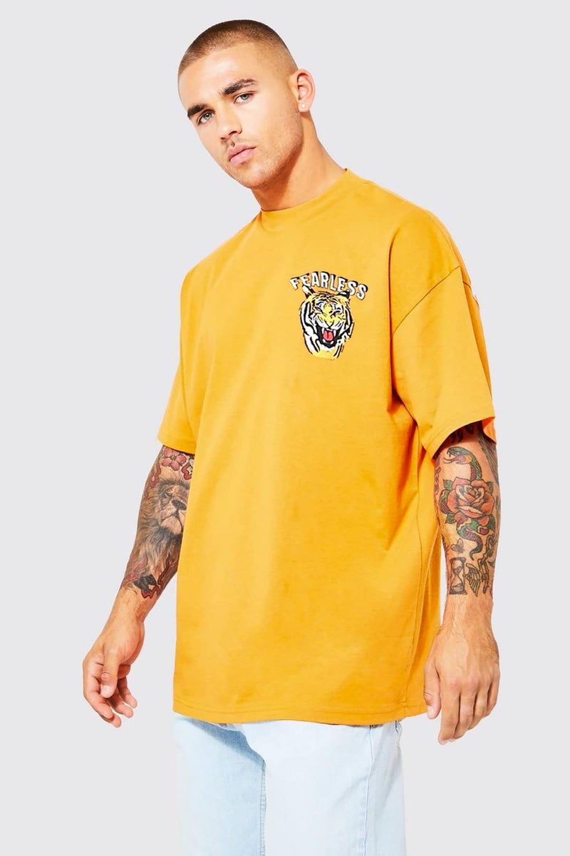 LEOTUDE Cotton Blend Half Sleeve Back Print Oversized T-Shirts for Men (Color: Mustard, Size: XXL) - Image 2