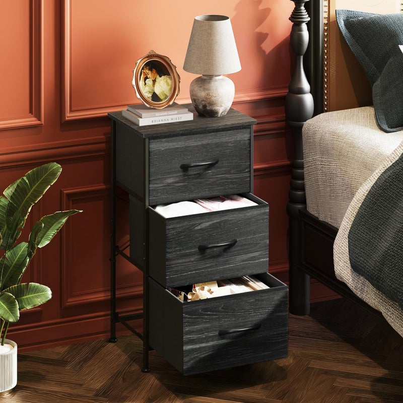 WLIVE Nightstand with 3 Drawers, Fabric Dresser, Organizer Unit, Storage Dresser for Bedroom, Hallway, Entryway, Closets, Steel Frame, Wood Top, Easy Pull Handle, Charcoal Black Wood Grain Print - Image 2