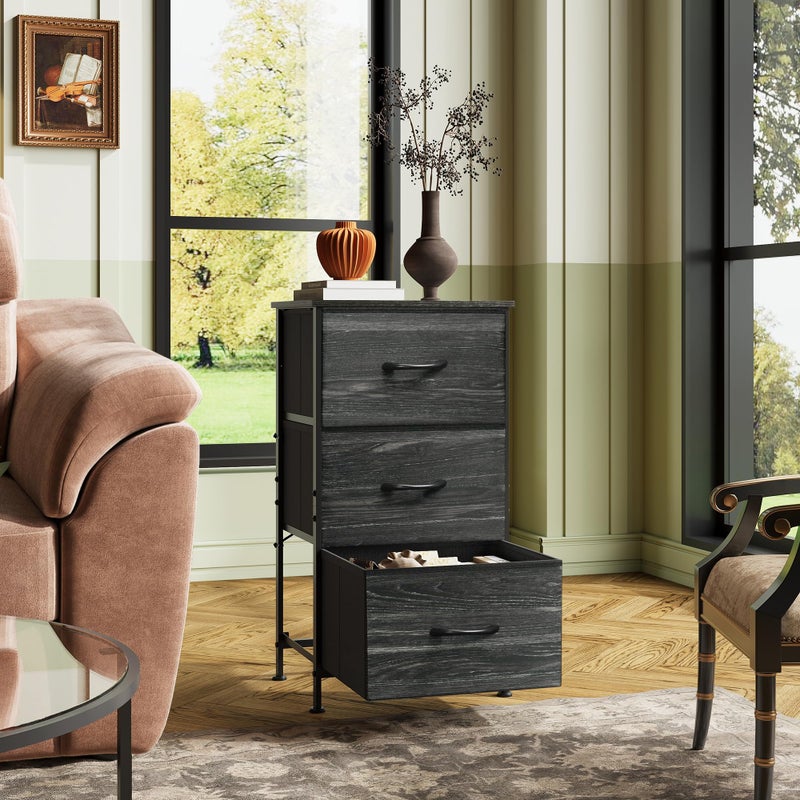 WLIVE Nightstand with 3 Drawers, Fabric Dresser, Organizer Unit, Storage Dresser for Bedroom, Hallway, Entryway, Closets, Steel Frame, Wood Top, Easy Pull Handle, Charcoal Black Wood Grain Print - Image 3