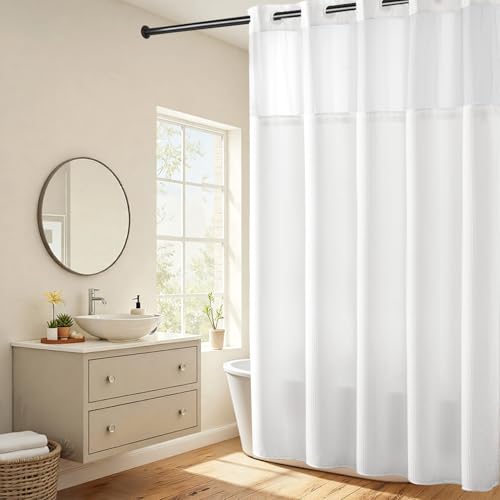 River Dream Extra Long Shower Curtains No Hooks Waffle Weave Shower Curtain with Snap in Liner - 71W x 86H,Hotel Grade,Spa Like Bath Curtain,White - Image 1