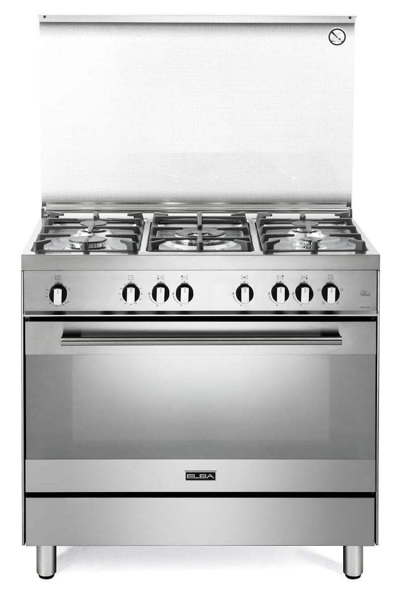 ELBA - 90cm Stainless Steel Gas Cooking Range - Double Ring Wok Burner 5 Zone Cooktop - Auto Ignition - 96L 8F Oven - Grill + Rotisserie + Fan - 120'Timer - Cooling Fan - Storage - Italian Technology