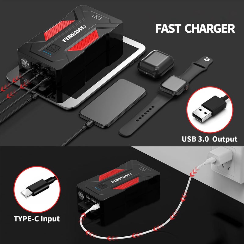 فواوو جهاز تشغيل السيارة FOWAWU 6000A 24800mAh (للمحركات البنزين 9.0 لتر والديزل 7.0 لتر)، جهاز تشغيل بطارية السيارة 12 فولت، جهاز تشغيل بطارية محمول مع USB/ضوء LED - Image 4